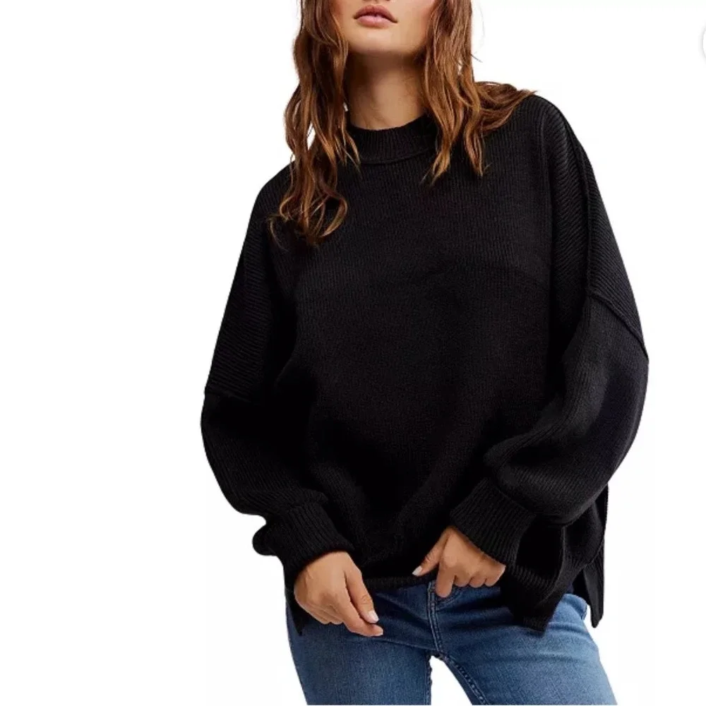 Free People Easy Street Tunic Sweater Black Oversized Ribbed Knit OB991232 S